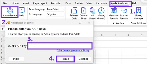 Ajelix excel add-in insert API key