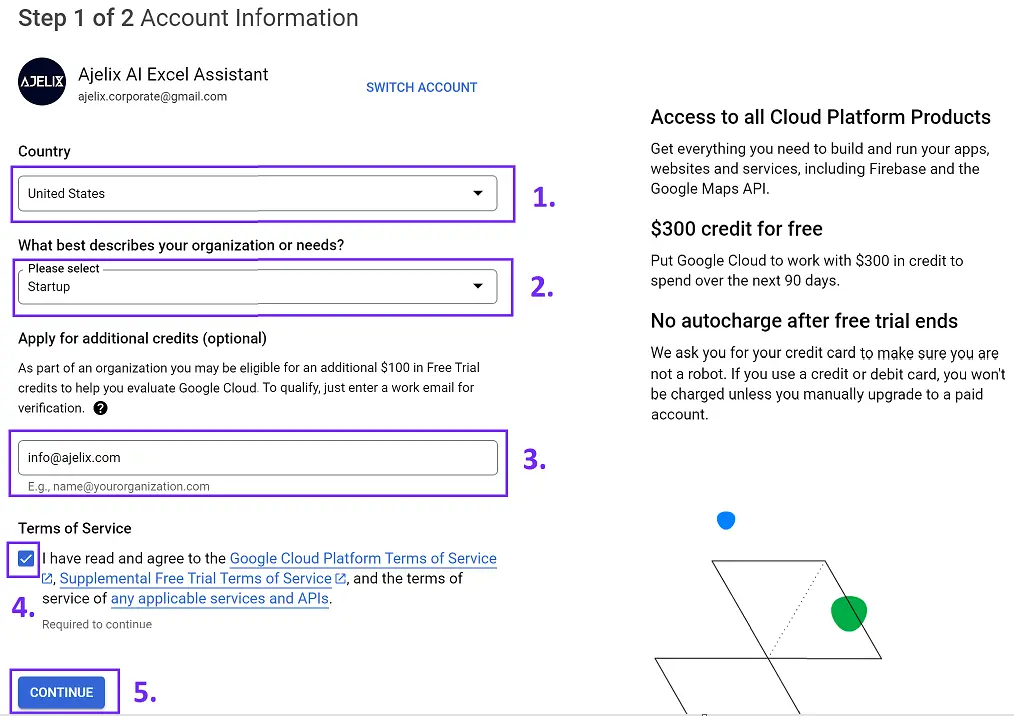 Create Google cloud account - set up your free account
