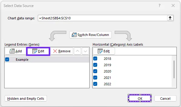 Edit the select data source in excel dialog - screenshot from excel - change data series