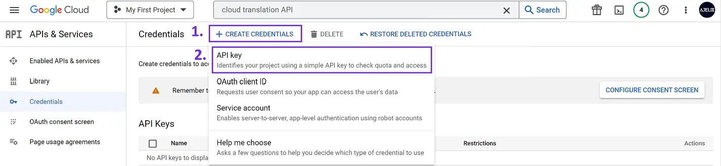 Google translate API key, create 