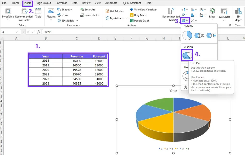 How to insert a pie chart in excel