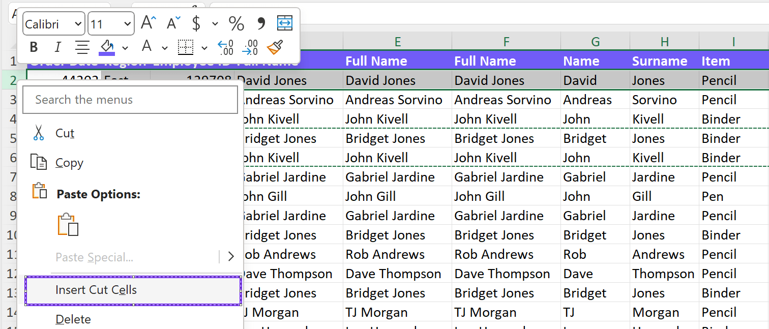 Insert cut cells in excel spreadsheets to move rows