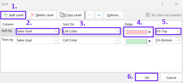 Advanced filtering options by color in excel - screenshot 