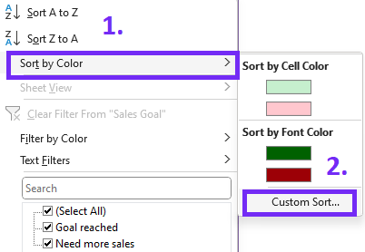 Advanced sorting by color in excel - screenshot from excel