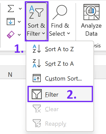 Apply filters for your data to start filtering - step by step guide on how to filter by color - screenshot from MS Excel
