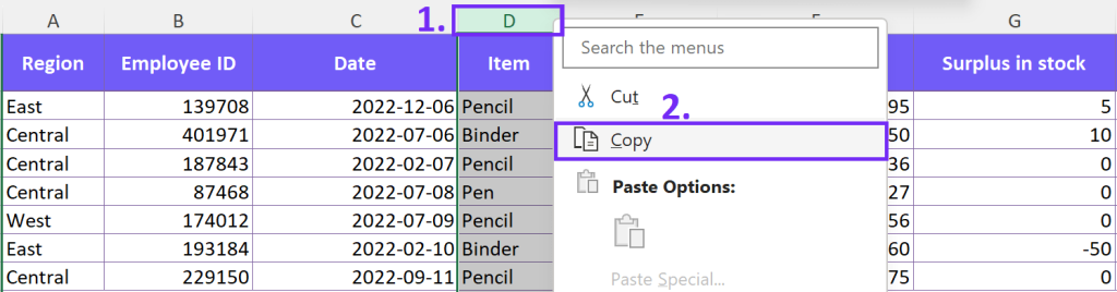 how to swap columns in excel - screenshot from excel with copy and insert cells in excel spreadsheet