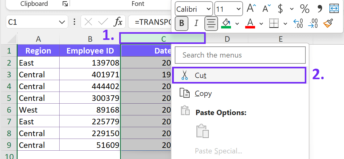 Screenshot from excel how to copy paste columns