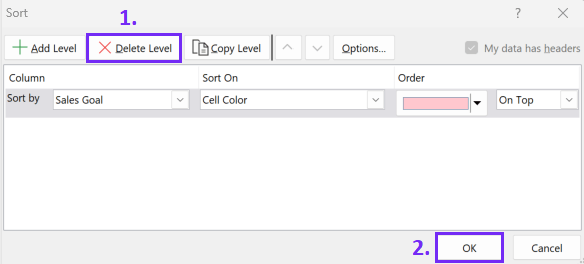 how to delete filtering by color in excel - screenshot from excel