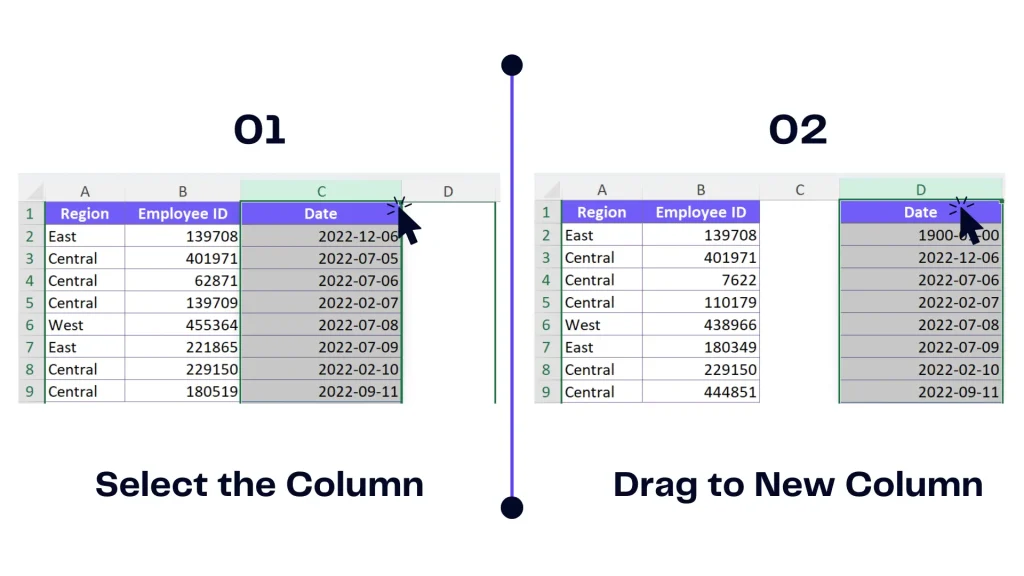 Drag and drop the column to rearrange columns in excel spreadsheet - example from Excel