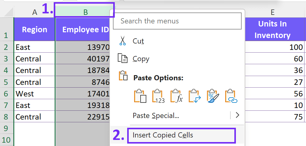 Insert copied cells function in microsoft excel - how to arrange columns