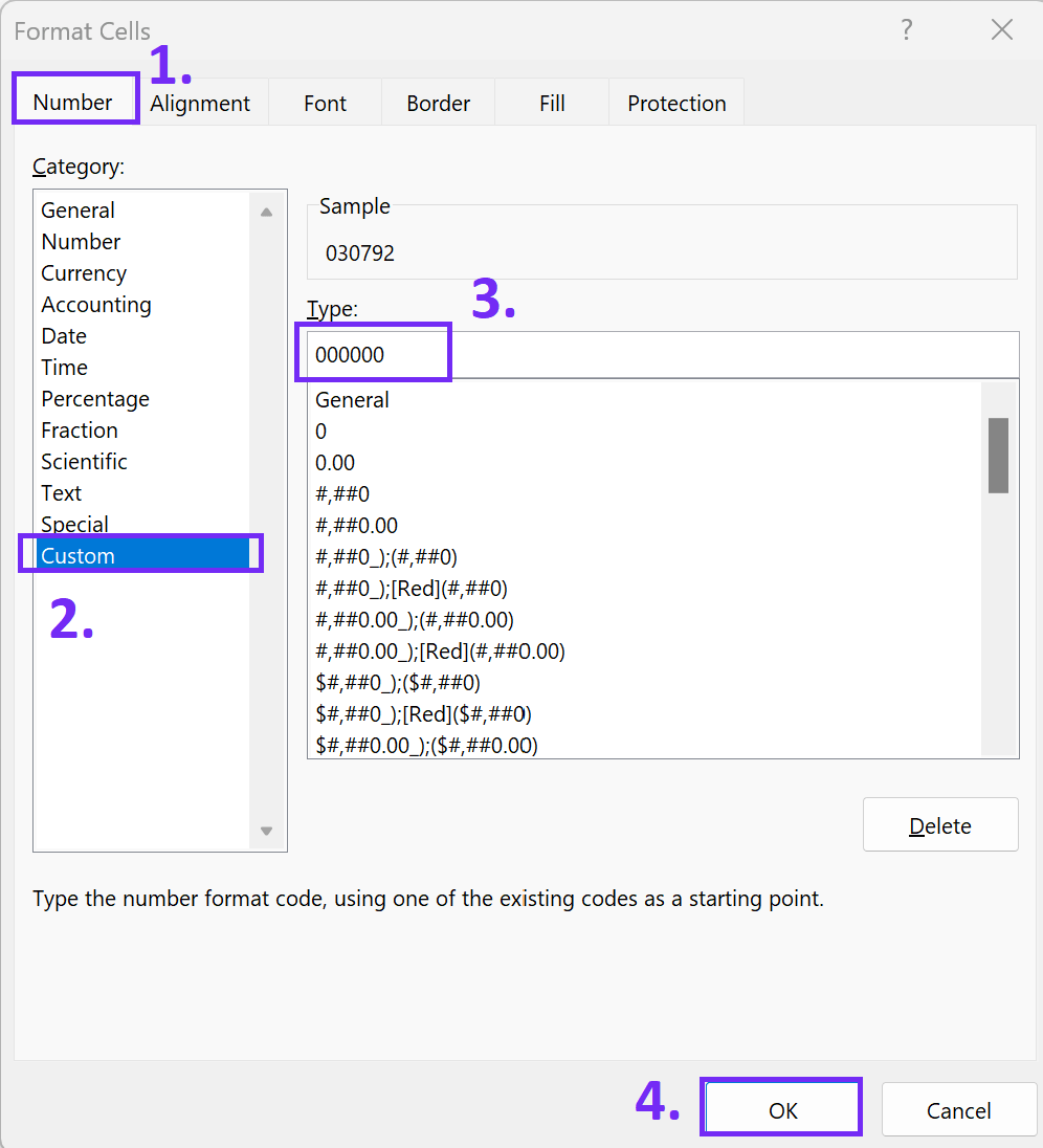 Select custom and enter zeros in excel format cells tab settings