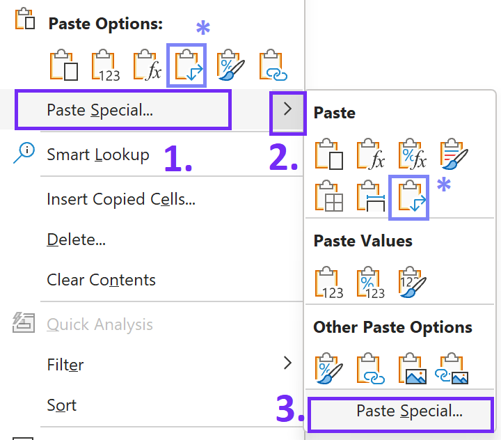 Step two - paste transposed table in your excel spreadsheet - convert column to row