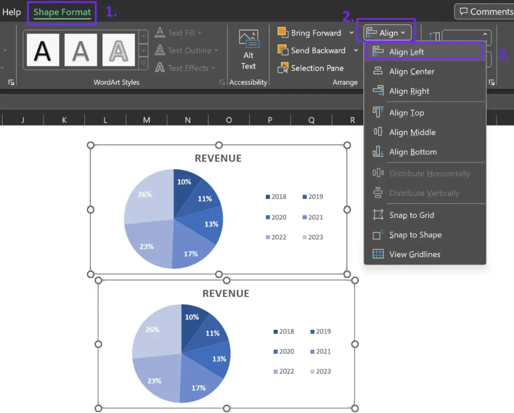 How to left align two pie charts in excel