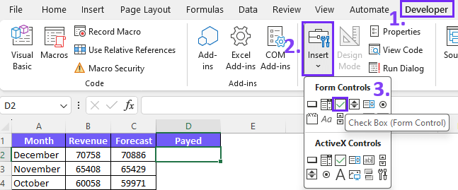 How to add checkbox in excel - screenshot