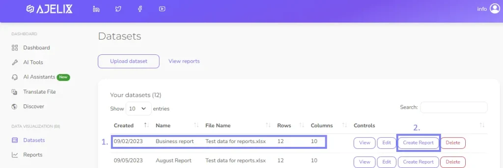 Create a report from datasets page