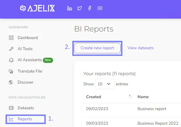 Create a report from report section on Ajelix BI