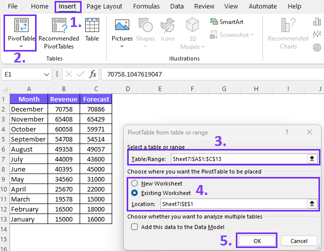 Insert pivot table to make the clustered pivot chart, screenshot from excel