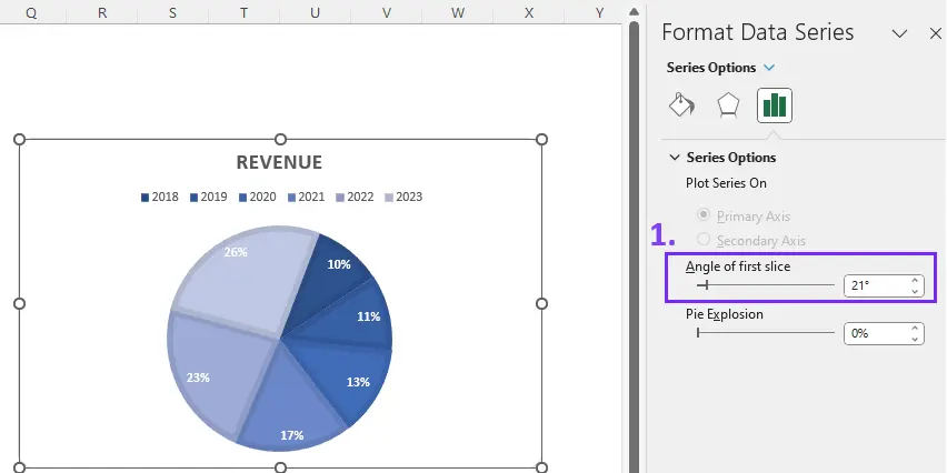 Access angle of the first slice to rotate pie chart screenshot from Excel