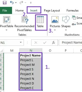 Insert table in excel to create a dynamic drop down list
