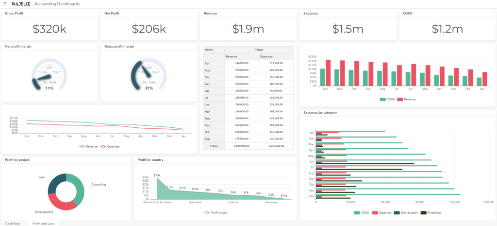 Tableau de bord des profits et pertes (exemple)