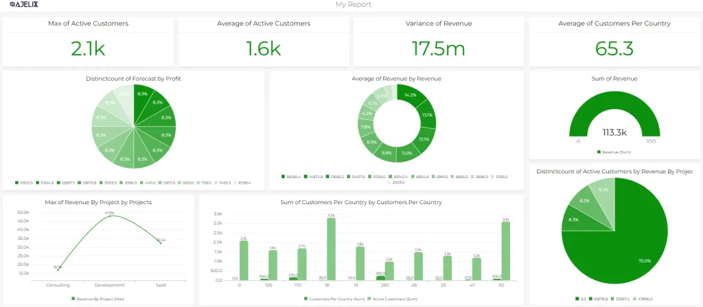 Ajelix BI report dashboard screenshot with data visualization preview