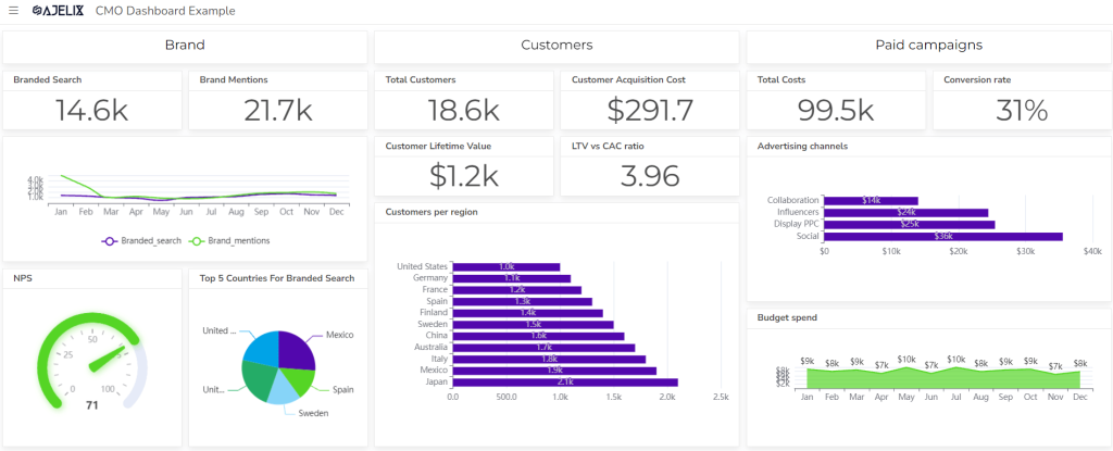 exemple de tableau de bord marketing d'ajelix bi