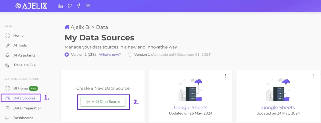 Add data source for kpi dashboard creation on ajelix bi page, screenshot