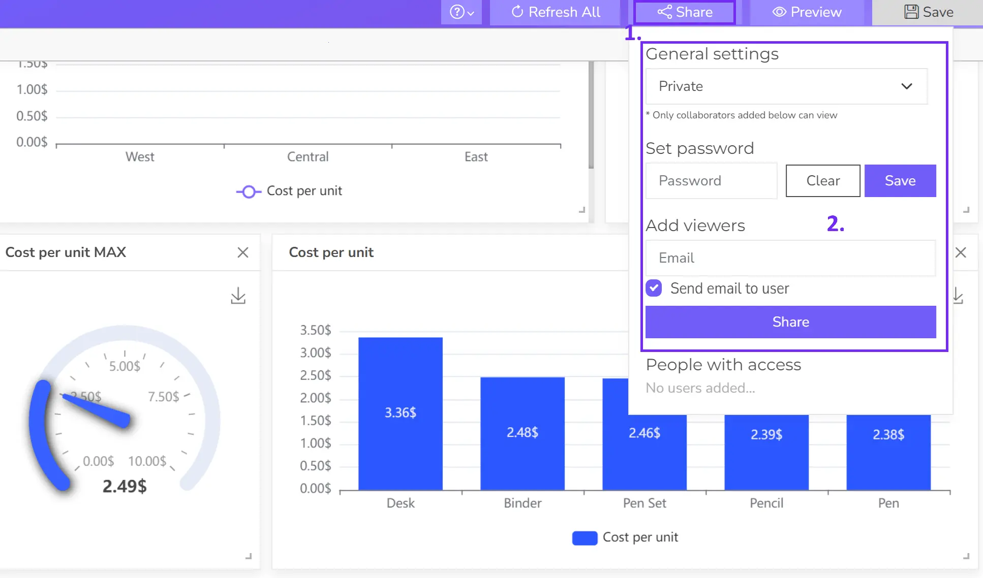 share your kpi dashboard with other users using sharing settings screenshot from ajelix bi