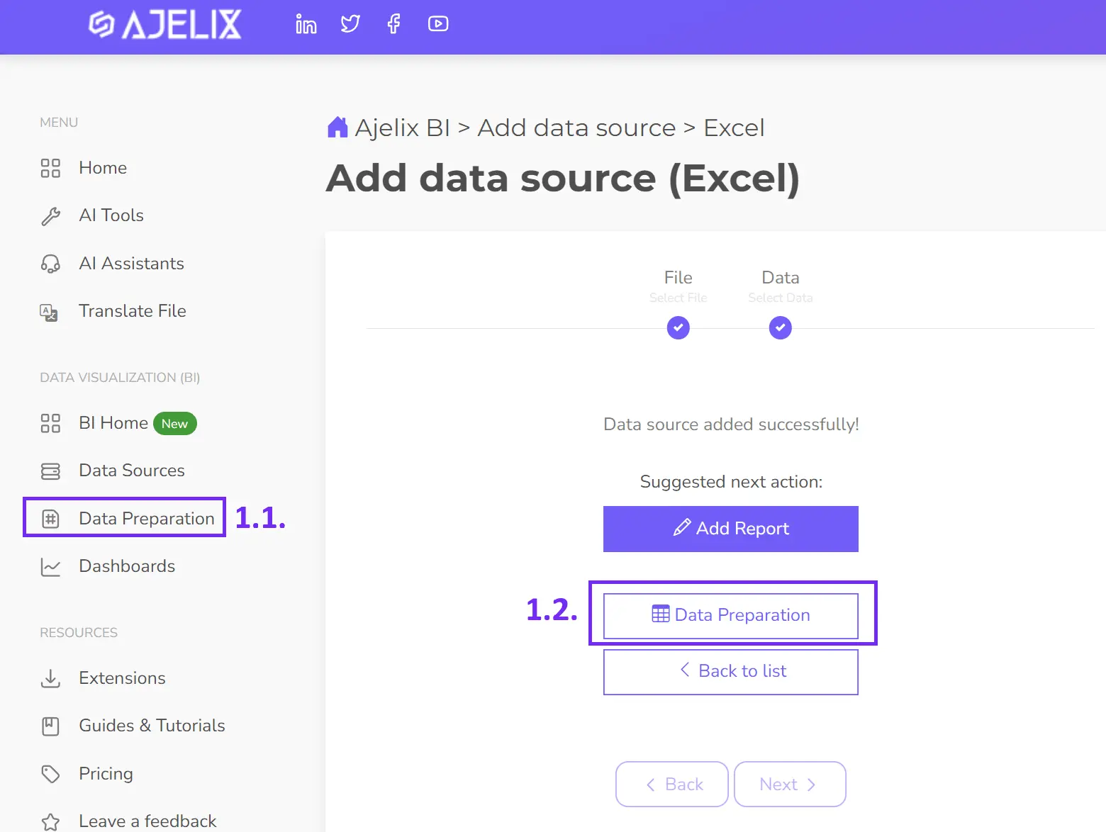 Data preparation step on ajelix bi portal screenshot
