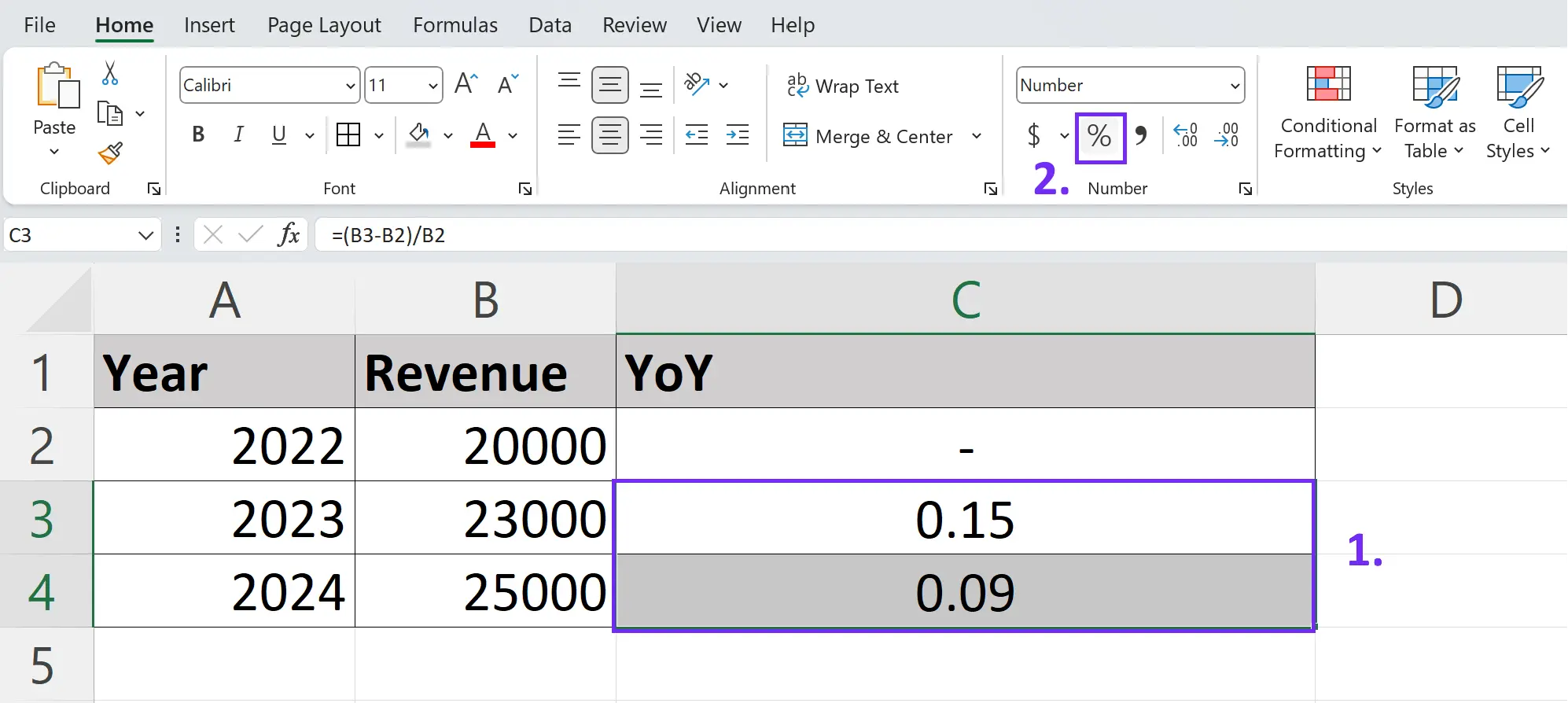Formula formatting as percentage screenshot with instructions in excel