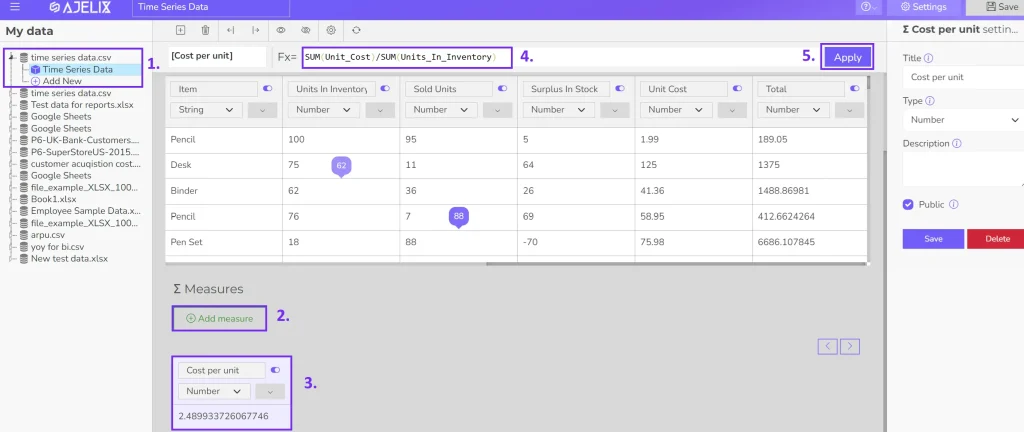 How to calculate KPI metric on ajelix bi dashboard - step by step guide with screenshot from portal