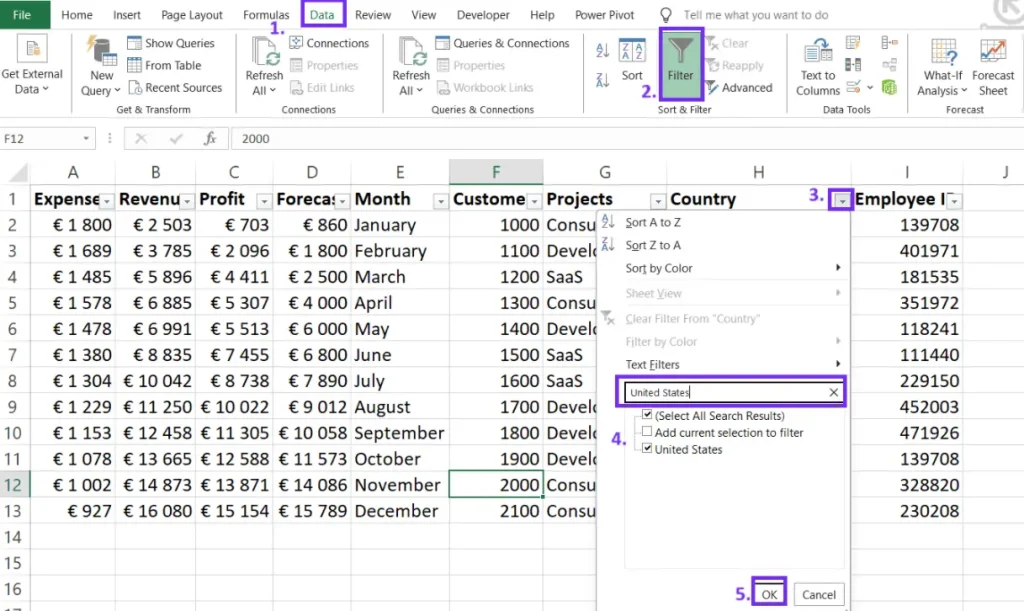 Filtering by text value in Excel filtering settings screenshot by ajelix