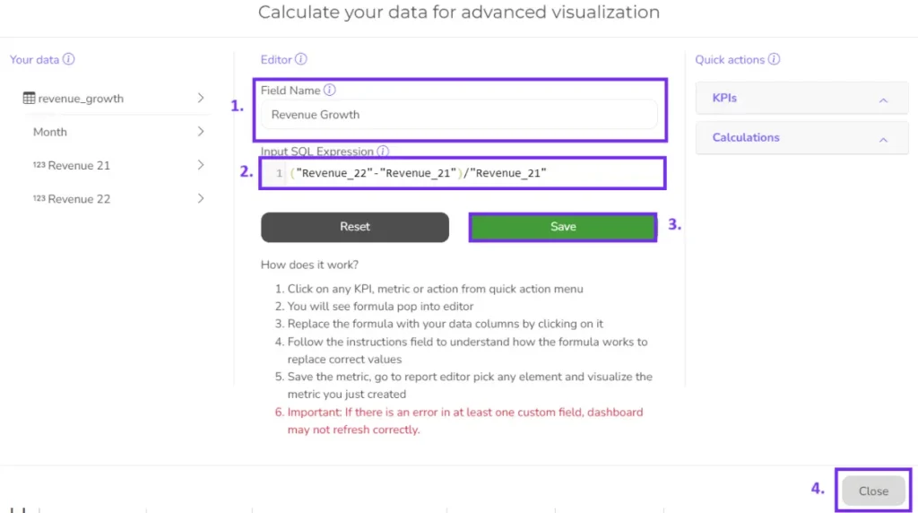 KPI editor in Ajelix BI screenshot from platform with revenue growth formula calculation