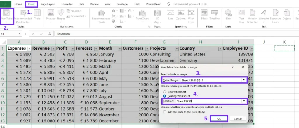 how to insert pivot table in excel step by step guide screenshot