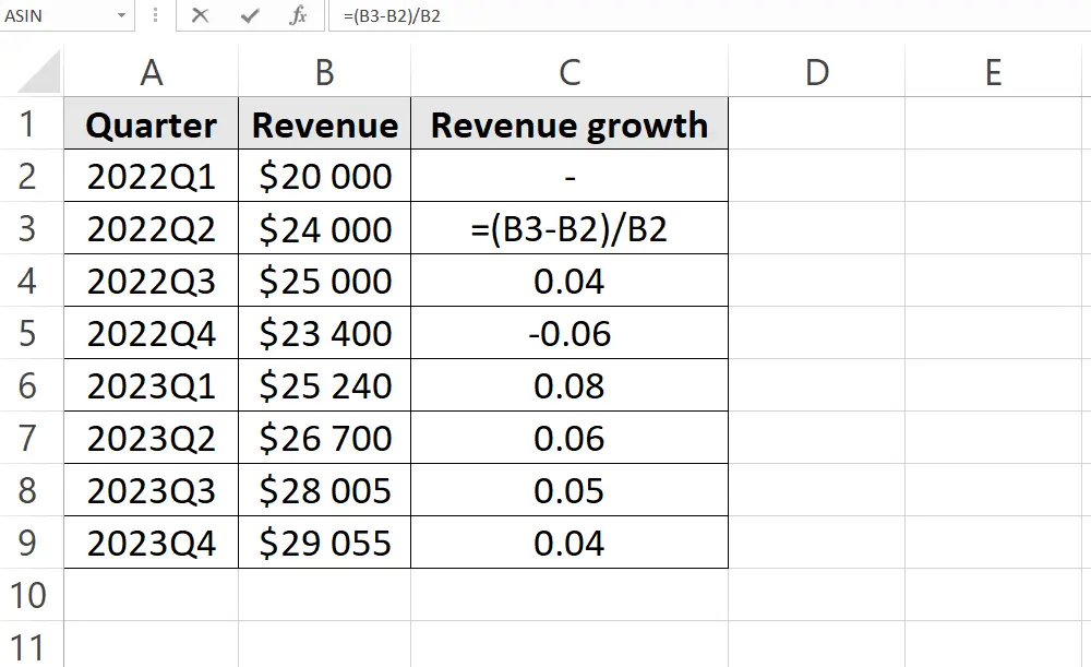 revenue growth example with formula in excel screenshot