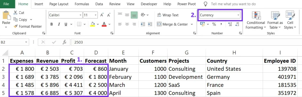 Set table data formatting to clean your data in Excel