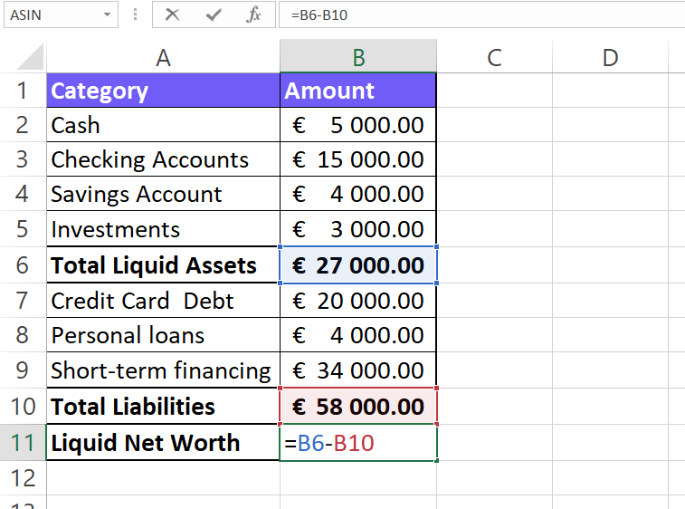 Calculate liquid net worth in excel table with formula screenshot