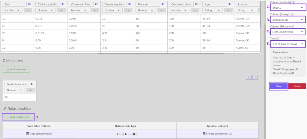 Create relationship for you data tables screenshot from data modeling editor