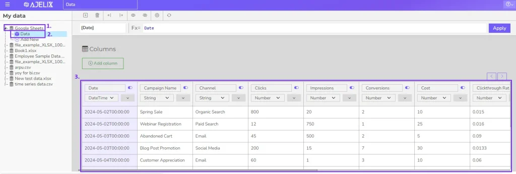Data modeling view select the data model you want to edit screenshot form ajelix bi modeling editor