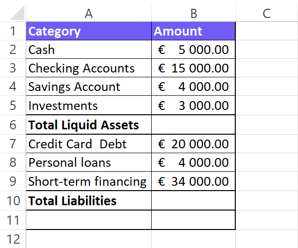List all total liabilities for liquid net worth calculation screenshot from excel table