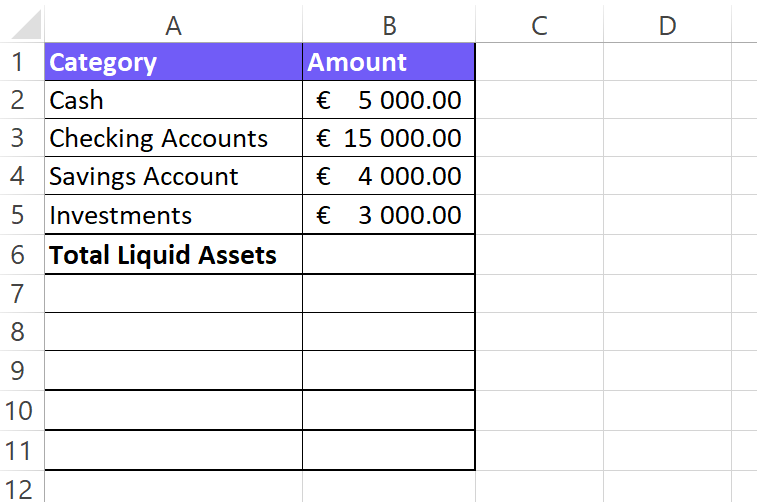 List all your liquid assets for liquid net worth calculation screenshot from excel with table