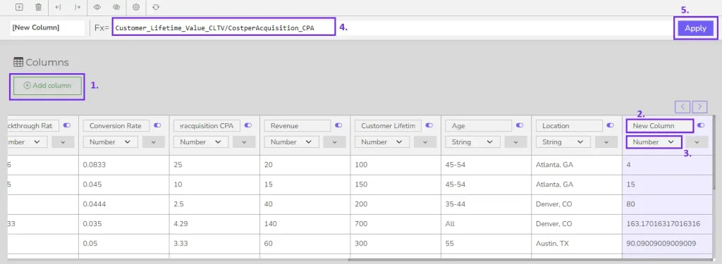 Data modeling add new column with measurement screenshot from portal