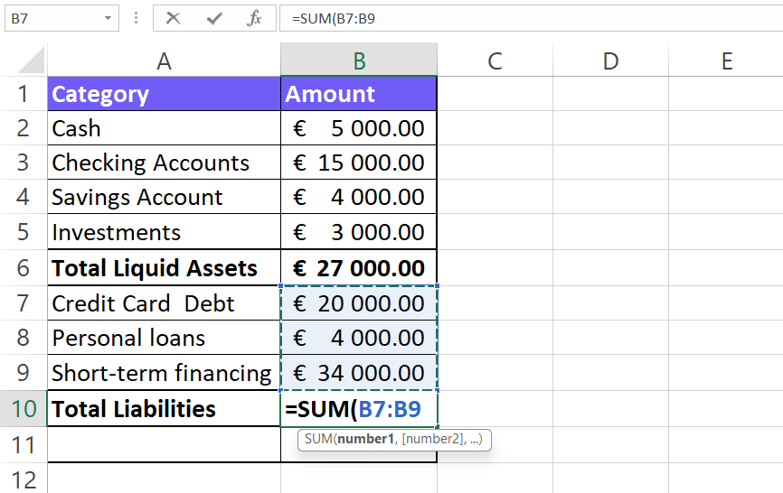 SUM all totals for liquid net worth calculation screenshot from excel with formulas