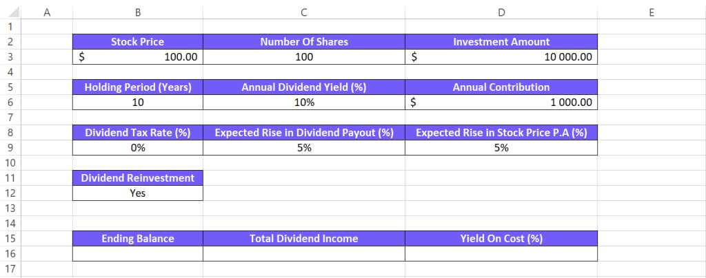 Create a variable cells for dividend calculator formulas screenshot from excel