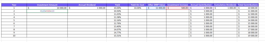 Screenshot from Excel on how to calculate investment amount for the second year with formula