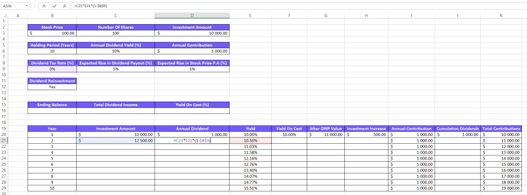 Screenshot from Excel on how to calculate annual dividend for the second year with formula
