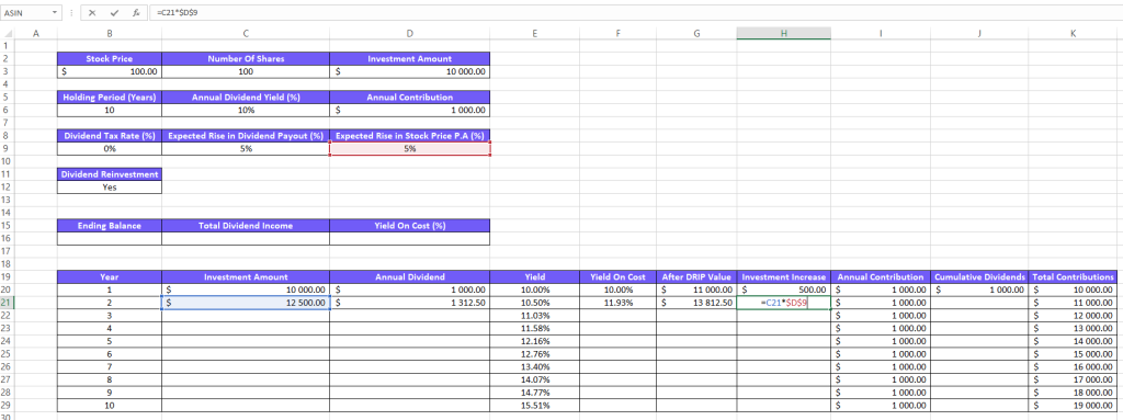 Screenshot from Excel on how to calculate investment increase with formula