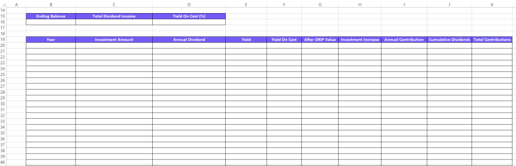 Create a table in excel for dividend calculations screenshot from excel