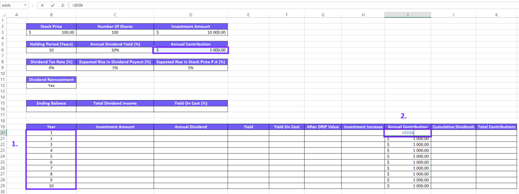 Screenshot from excel with steps how to fill out year and annual contribution columns