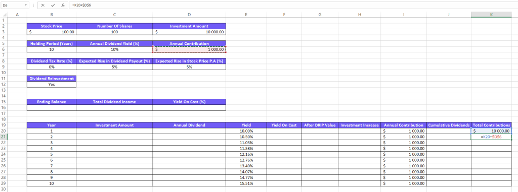 Screenshot from excel on how to fill our total contribution column